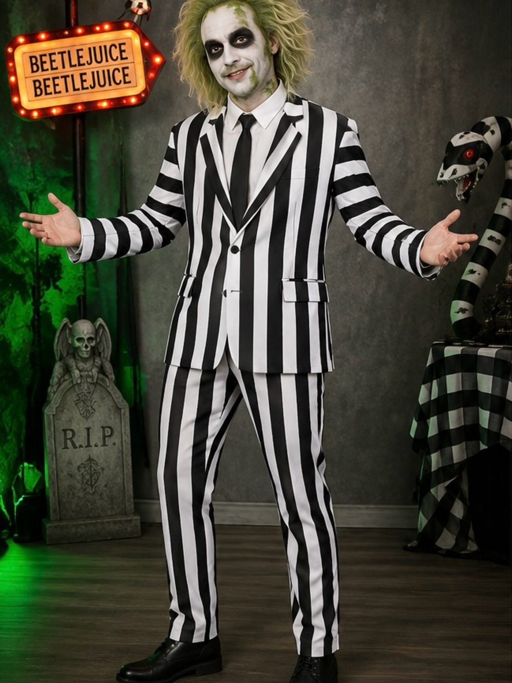 Spirit Halloween Beetlejuice Men’s Costume Size Large + Wig – 3 Piece Set